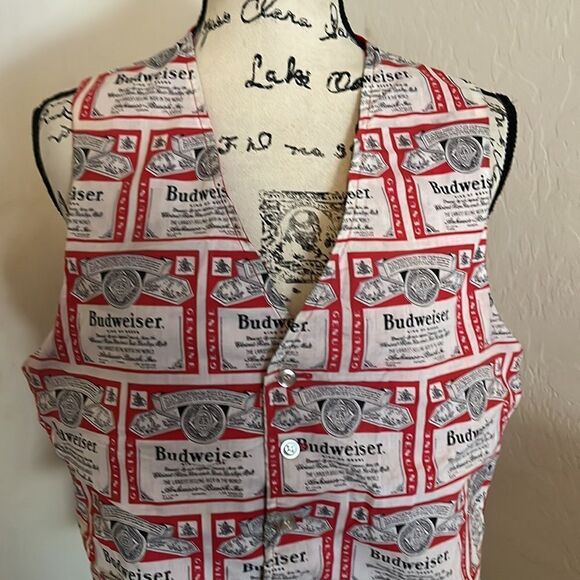 Vintage Budweiser Beer Red White Allover Print Reversible Button Closure Vest - Picture 4 of 11